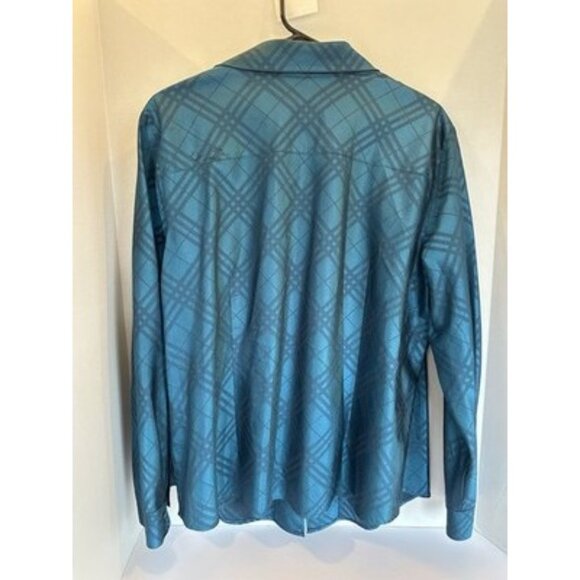 Coldwater Creek Shiny Formal Blouse Womens 2XL Teal Blue Light Texture Zip Front - Picture 2 of 9